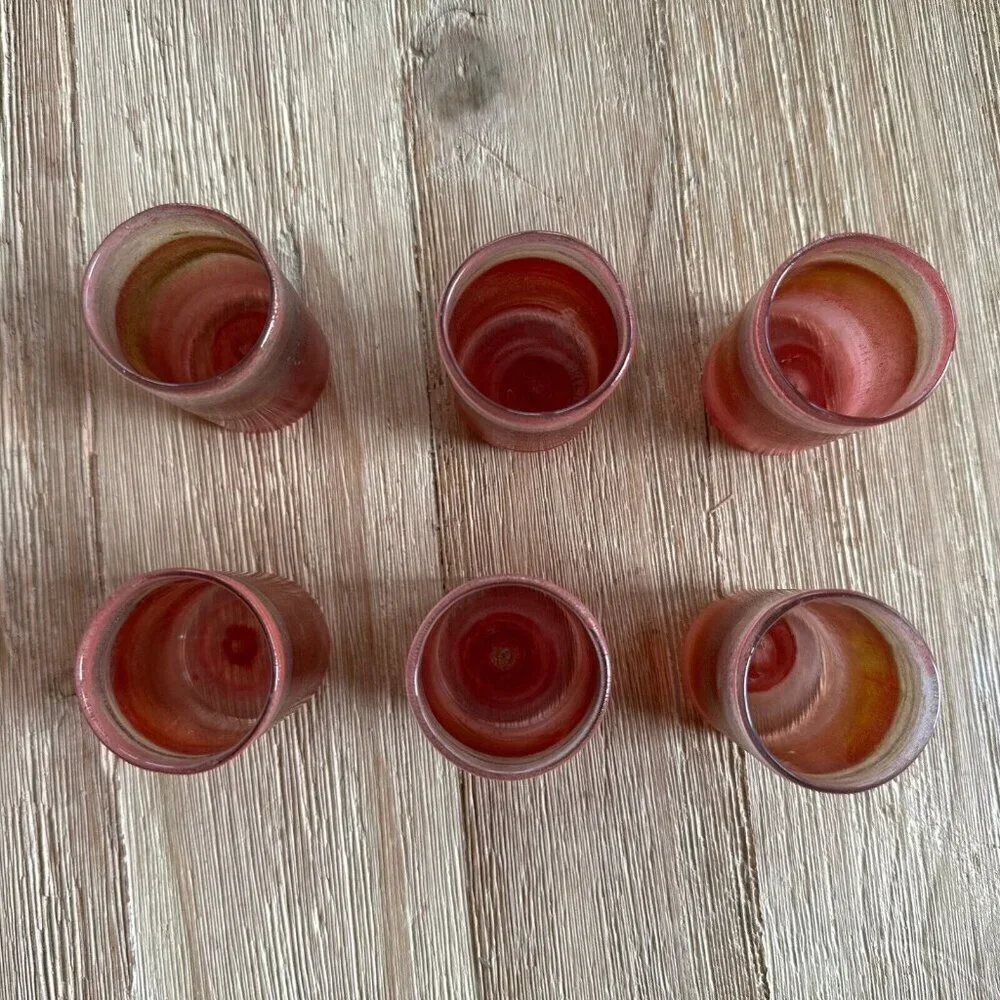 6 Hand Blown Art Glass Shot Glasses Pink Gold Swirl Bohemian Artisan Mid Century